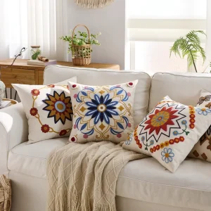Embroidered Throw Pillow Cover 18×18 Modern Floral Pattern Durable Cozy Polyester Cotton Fade Resistant Cushion Case for Sofa
