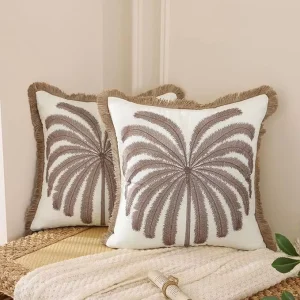 Embroidered Throw Pillow Covers Natural Flax Fringe Cotton Boho Pillow Cushion Cases Farmhouse Brown Palm Tree Decor Pillowcases