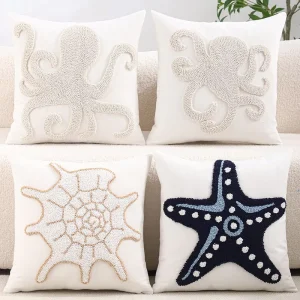 Embroidered Throw Pillow Covers for Summer Beach Tufted Pillow Cushion Cases Decor Ocean Themed Throw Pillowcase