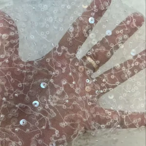 Embroidered Transparent Sequins Beads Knitted Tulle Lace Fabric Dress for Parties and Weddings