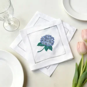 Embroidered White Cocktail Napkin 6” x 6″ Cloth Hydrangea Napkin Embroidered Cocktail Coaster Linen Cloth Coaster