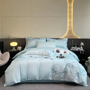 Embroidery 100% Cotton Light Blue Bed Fitted Flat Sheet Designer Pillow Shams Pillowcases Bedding Set Supplier