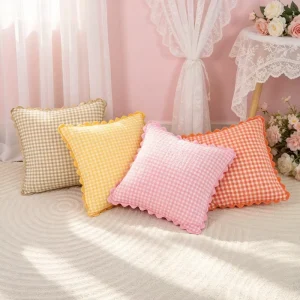 Embroidery Bohemian Linen Gingham Pillow Cover with Frill Edges Classic Nordic Plaid Throw Pillow Covers