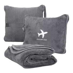 Embroidery Custom Logo Travel Soft Flannel Fleece Travel Blanket and Pillow Set Airplane Set