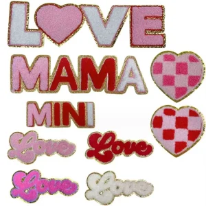 Embroidery Glitter Valentines Mother’s Day Chenille Mama Patches Love Heart Iron on Patches for Clothing
