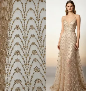 Embroidery Gold Water Wave Floral Sequin Dubai Luxury Lace Qatar Wedding Fabric for Couture Designer Formal Gala Dress