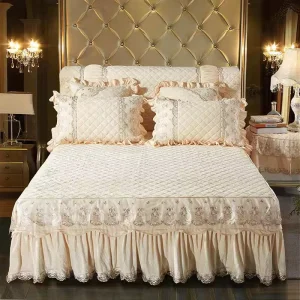 Embroidery Lace Bed Skirt and Sheet Set Wedding Thickened Bedspread Bed Cover 4 Pieces Set Home Hotel