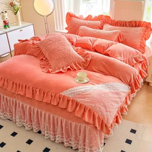 Embroidery Lace Design Soft 100% Cotton Velvet 4 Piece Bed Skirt Set Thickened Comforter Bedding Modern Cartoon Printed Pattern