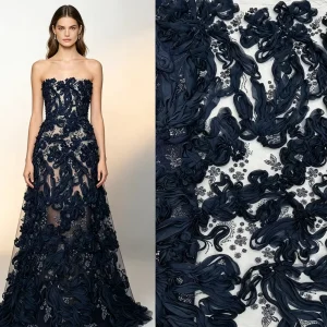 Embroidery Lace Fabric Navy 3D Chiffon Floral Rhinestone Sequin Tulle Luxury Fabric for Evening Prom Wedding Formal Gown
