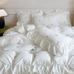 Embroidery Rose Washed Cotton Bedding Set Ruffle Lace Luxury Princess Comforter Set for Women
