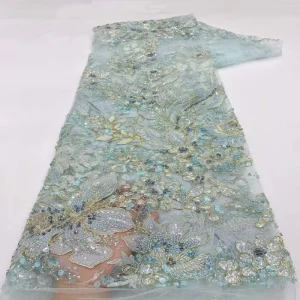 Embroidery Tulle Beaded Lace for Southeast Asia Bridal Wedding Dress Mesh with Shiny Sequins Hand Beaded Lace