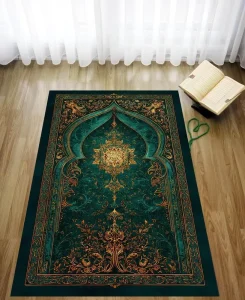 Emerald Green Muslim Prayer Rug Washable Non Slip Mat with Persian Style for Mosque Prayer Mat