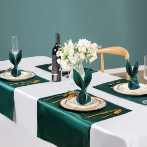 Emerald Green Satin Cloth Napkins and Table Runner Set Reusable Silky Dinner Napkins for Wedding Banquet and Party