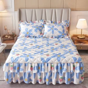 Europe and America Style Solid Color Quilting Bedding Pleated Bedspread Skirt 2 Pillow Case Bed Skirt Set
