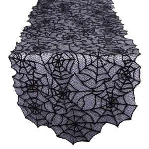 European American Style Black Lace Set Halloween Spider Web Table Runner and Tablecloth Halloween Decor Fabric