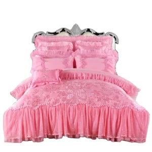 European American Style Eco friendly 100% Cotton Solid 400TC 4 Pcs Anti static Breathable Pink Red Wedding Home Use Bedding Set