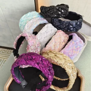 European American Style Luxury Glitter Thick Padded Fashion Women Fabric Handmade Sequins Party Headband Wide