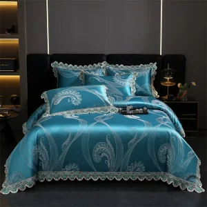 European American Style Tassel 4-Pieces Bed Sheet Duvet Cover Home Hotel King Size Blue Cotton Jacquard Bedding Sets