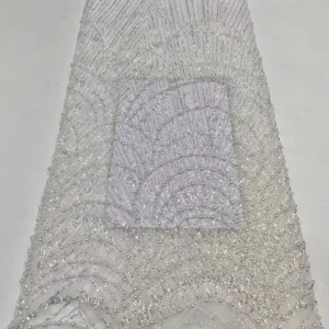 European American Style Wedding Dress Fabric with Embroidered Bead and Sequin, Bead Embroidery and Mesh