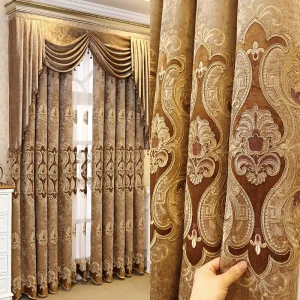 European Gold Luxury Stamping Design Sheer Embroidery Curtain Jacquard Blackout Curtain Fabric for Living Room