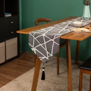 European Luxury Black Gold Jacquard Dining Table Runner Geometric Embroidery 100% Polyester Washable Customizable Piping