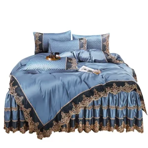 European Luxury Ice Silk Cotton Bed Skirt Four Piece Satin Comforter Sets Quilt Cover Bedspread Silk Lace Bedding Sets