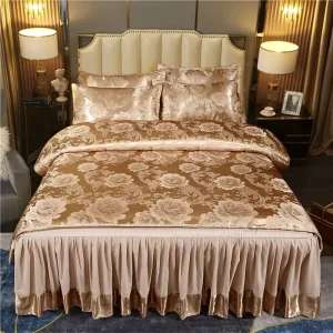 European Satin Jacquard 100% Polyester Four piece Bed Skirt Set Quilt Cover Double Bed Cover Geometric Pattern Luxury All Season