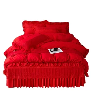 European Style 4pcs Comfortable Polyester Bedspread & Coverlet Set with Lace Duvet Cover & Bed Skirt for Home Use