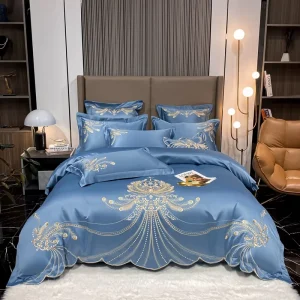 European Style 4pcs Home Hotel Textiles Embroidery Comforter Duvet Cover Blue Washed Silk Bedding Set Supplier