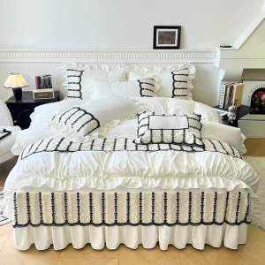 European Style 4pcs Polyester Lace Solid Home Use Bed Skirt Duvet Cover Bedding Sheet Set