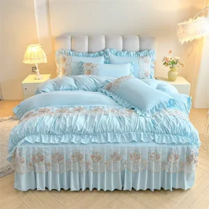 European Style 4pcs Set Blue Polyester Solid Lace Reactive Printing Duvet Cover and Bed Skirt for Home Use