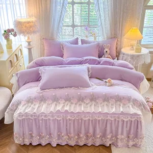 European Style 4pcs Set Milk Fiber Velvet Lace Embroidery Duvet Cover Bed Skirt 300tc Thread Count Anti Static Washable