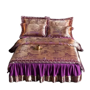 European Style 4pcs Set Satin Drill Polyester Reactive Printing Bed Skirt and Duvet Cover for Home Use