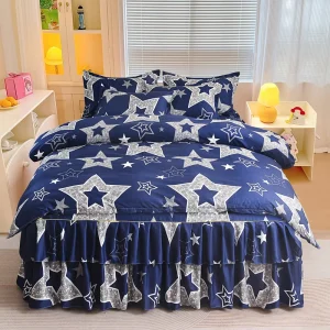 European Style 4pcs Set Stars Polyester Solid Lace Reactive Printing Duvet Cover and Bed Skirt for Home Use