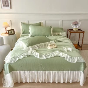 European Style Cool Fiber Solid Bed Skirt Collection 4psc&3pcs Set for Spring and Summer
