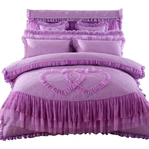 European Style Cotton Lace Edge 4 Pieces Purple Bedding Set Textiles Bedroom Bed Skirt Bedding Set