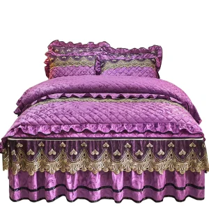 European Style Embroidered 3D Printed 4 Piece Bed Skirt Set with Botanical Floral Design Luxurious Velvet Romantic Bedding Set
