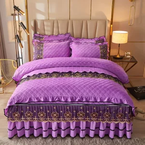 European Style Fitted Sheet Embroid Flower Lace Purple Bed Skirts Comforter Duvet Cover Set