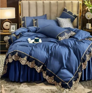 European Style Four Piece Quilt Cover Bedding Set Embroidery Lace Reactive Printing Bed Skirt 100% Polyester for Hotel Home