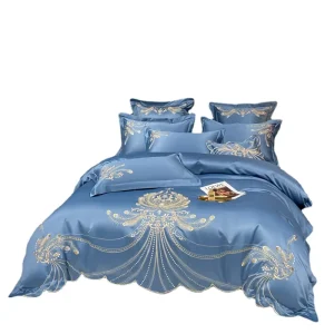 European Style Geometric Silky Pure Cotton Ice Silk Four piece Wedding Bedding Set Embroidery Quilt Cover Luxury Customizable