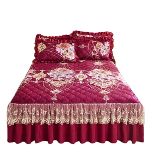 European Style Jacquard Embroidery Floral Printed 100% Cotton 400TC Wrap Around Bed Skirt Set for Wedding