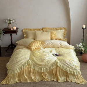 European Style Jacquard Lace Princess Satin Sheets Golden Bedding Set Luxury Satin Sheets High Quality Bed Cover Set