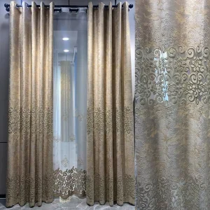 European Style Luxury Beige Color Woven Velvet Embroidered Curtains Fabric with Hollow Out Design Window Decor