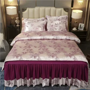 European Style Purple Drill Polyester Reactive Printed Satin Ruffled 4 Pieces King Size Bed Skirt Duvet Cover