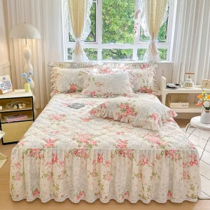 European Style Ruffled Romantic Spring and Summer Flower Bedding Set King Bed Skirts