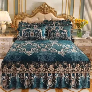 European Style Warm Velvet Bed Cover Skirt Set Pleat Floral Print Bed Skirt