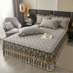 European style Luxury Thick Quilted Crystal velvet Bed Skirt and Bed Cover