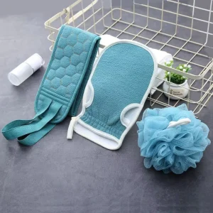 Exfoliating Bath Tool Scrub Bath Back Belt and Soft Shower Ball Scrubber Glove Set 3pcs Skin Clean Bath Towel Set