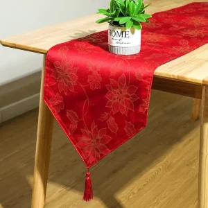 Exquisite Polyester Table Runner with Gold Thread Floral Woven Rectangular Tablecloth Factory Price Red