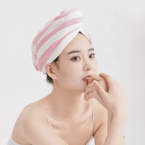 FF4291 Women’s Super Absorbent Coral Fleece Hair Drying Towel Wrap Turbans Striped Soft Microfiber Hair Towels